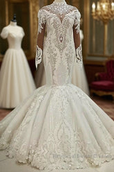 Mermaid High Collar Floor Length Tulle Applique Paillette Wedding Dresses